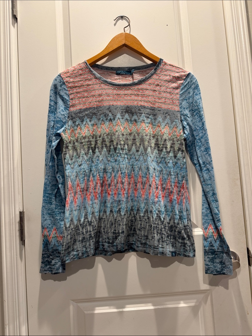 Prana Long Sleeve Tee in Blue and Coral Chevron Pattern